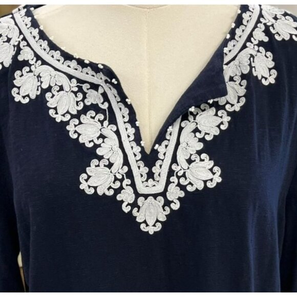 Talbots Blue & White Embroidered Tunic Top 3/4 Sleeve Size Large - Picture 3 of 4